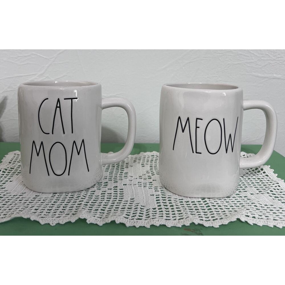 Rae‎ Dunn Coffee Cups Cat Mom Meow Mugs Set of 2 Cat Lover Kitten Kitties Tea